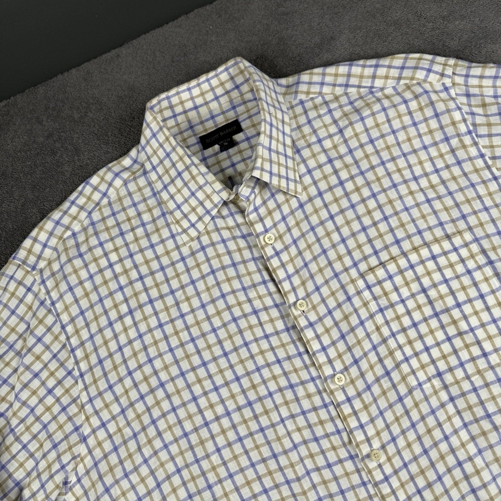 Scott Barber Men's Button Up Shirt Size XL‎ Plaid 100 % Linen Long Sleeve